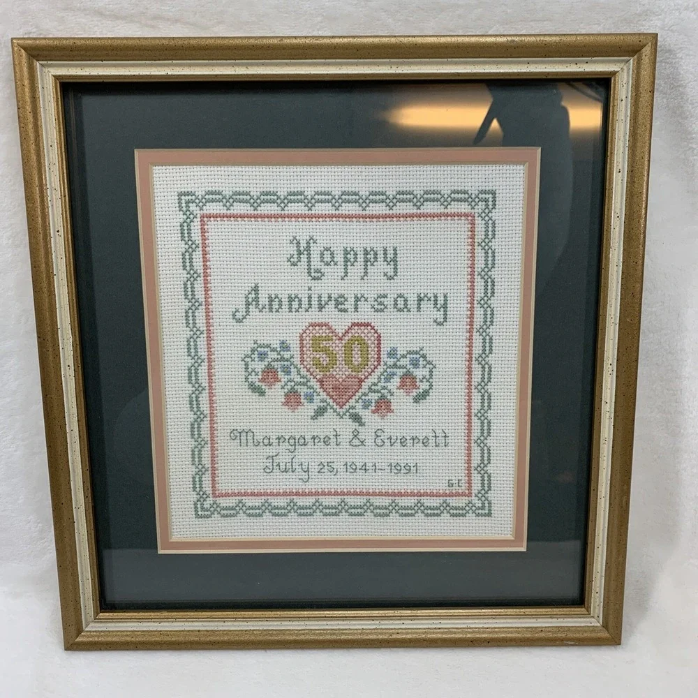 Vtg Framed Completed Cross Stitch 50th Happy Anniversary Floral Heart 12